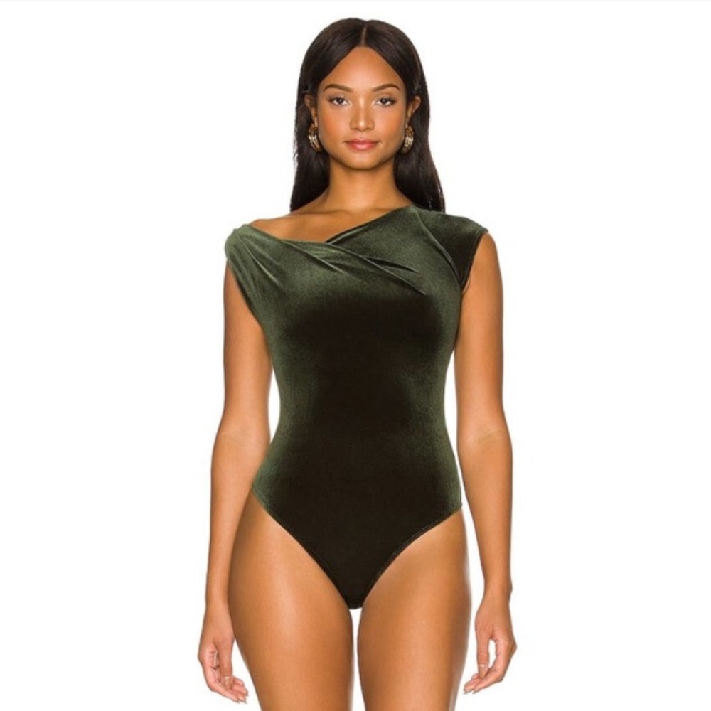 ALIX NYC Tyler Draped Neckline Velvet Bodysuit Moss Green Short Sleeve Size L